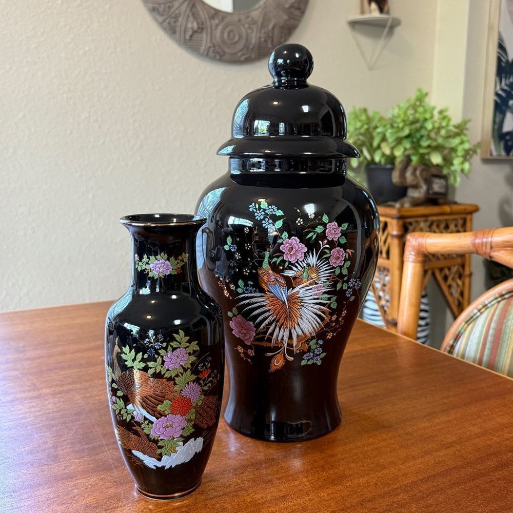Vintage Ceramic Peacock Imperial Kutani 8” Japanese Vase and 15” Ceramic Pottery - Picture 2 of 16